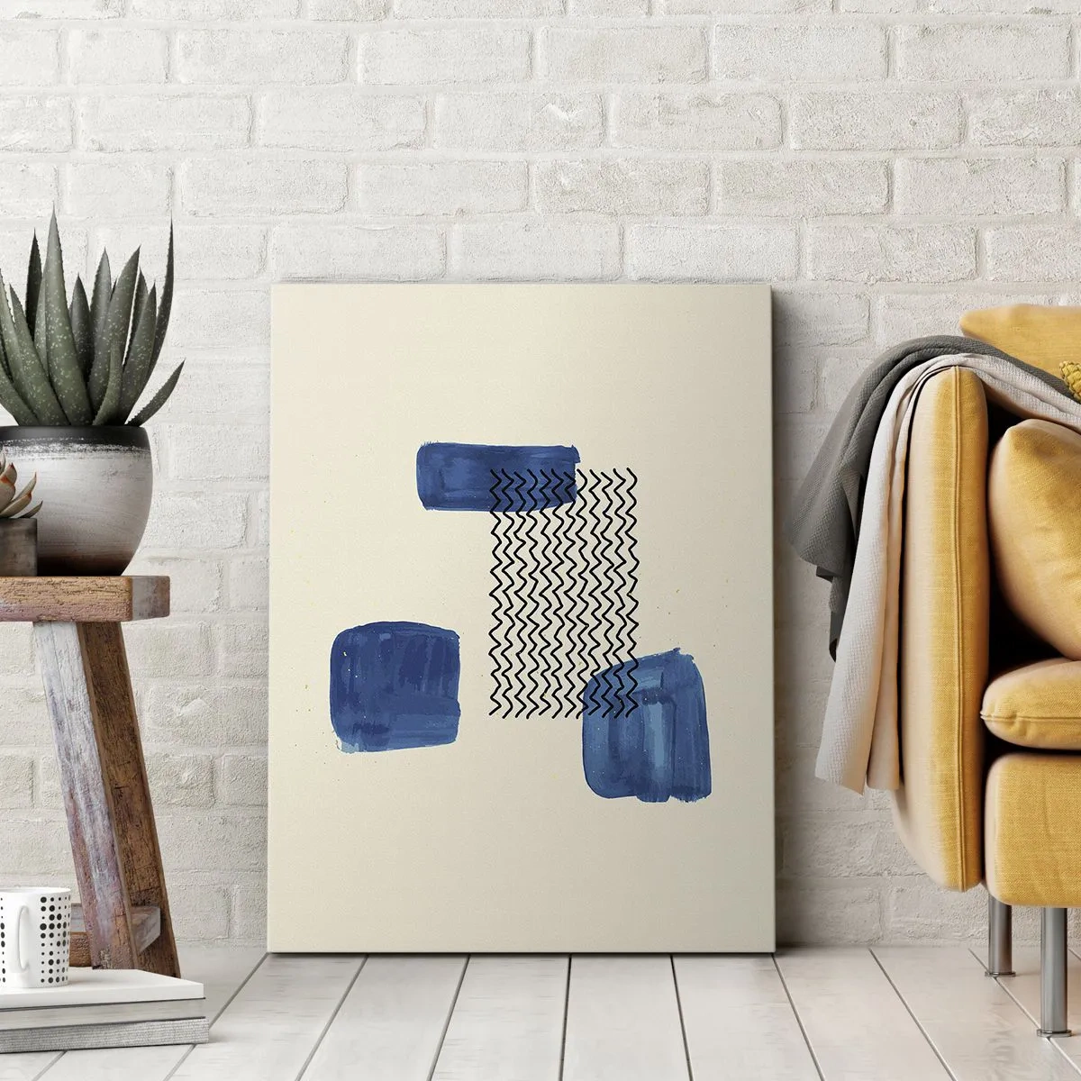Impression sur toile - Image sur toile - Composition abstraite avec des taches bleues et des lignes ondulées - 50x70cm - Quatuor abstrait - Décoration murale moderne pour le salon et la chambre ARTTOR