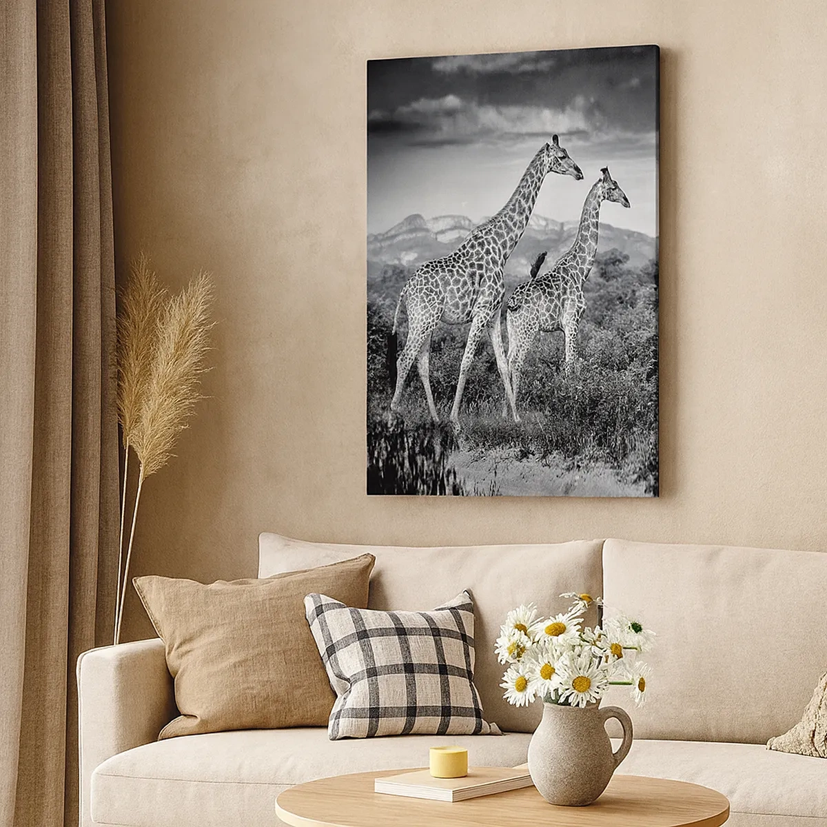 Impression sur toile - Image sur toile - Silhouettes noires et blanches de deux girafes dans la savane - 50x70cm - Hautes sphères en Afrique - Décoration murale moderne pour le salon et la chambre ARTTOR