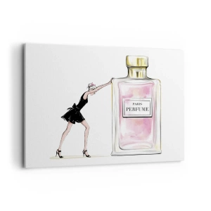 Impression sur toile - Image sur toile - Une femme en robe noire à côté d'un flacon de parfum - 100x70cm - L'essence des femmes - Décoration murale moderne pour le salon et la chambre ARTTOR