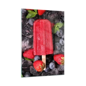 Impression sur verre - Image sur verre - Un bâton de glace parmi des fruits congelés et des feuilles de menthe - 50x70cm - Le goût d’un été chaud - Décoration murale moderne pour le salon et la chambre ARTTOR