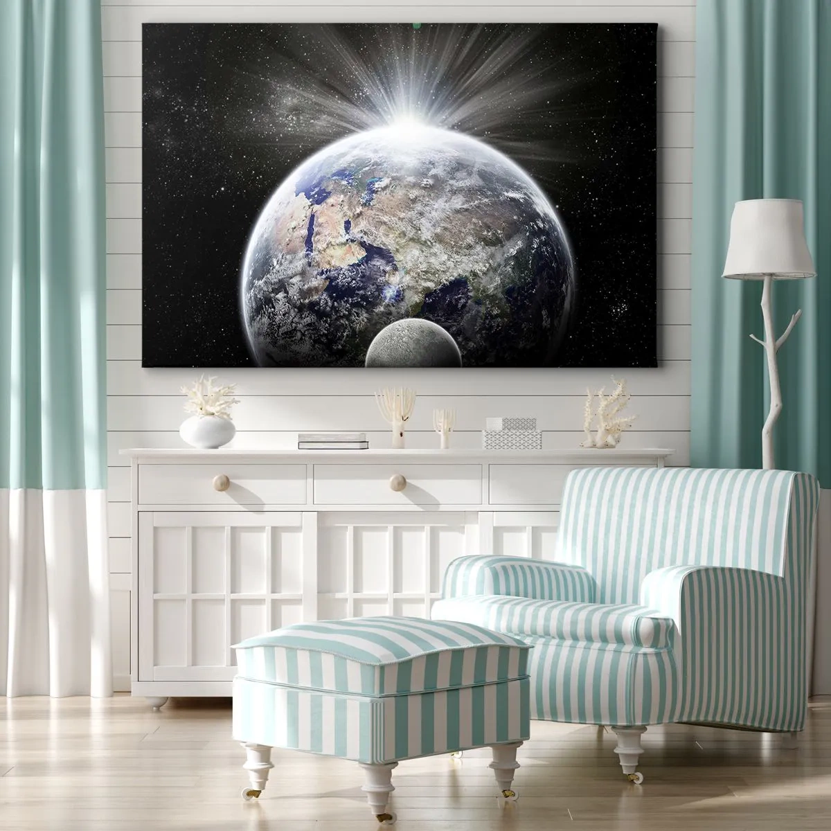 Impression sur toile - Image sur toile - La Terre et la Lune illuminées par la lueur de l'espace - 70x50cm - En pleine splendeur - Décoration murale moderne pour le salon et la chambre ARTTOR