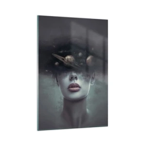 Impression sur verre - Image sur verre - Un visage de femme avec un motif de planète et d'espace en arrière-plan - 80x120cm - Et les planètes deviennent folles... - Décoration murale moderne pour le salon et la chambre ARTTOR