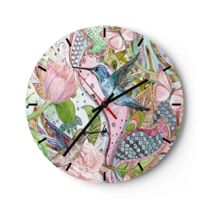 Horloge murale - Pendule murale - Colibris et fleurs colorés sur fond de motifs artistiques - 30x30cm - Empêtré dans les vignes - Décoration murale moderne pour le salon, la cuisine et la chambre ARTTOR