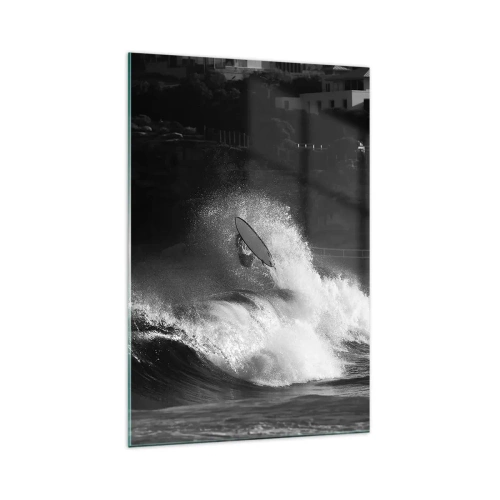 Impression sur verre - Image sur verre - Un surfeur sur une vague en monochrome - 70x100cm - Défi accepté! - Décoration murale moderne pour le salon et la chambre ARTTOR