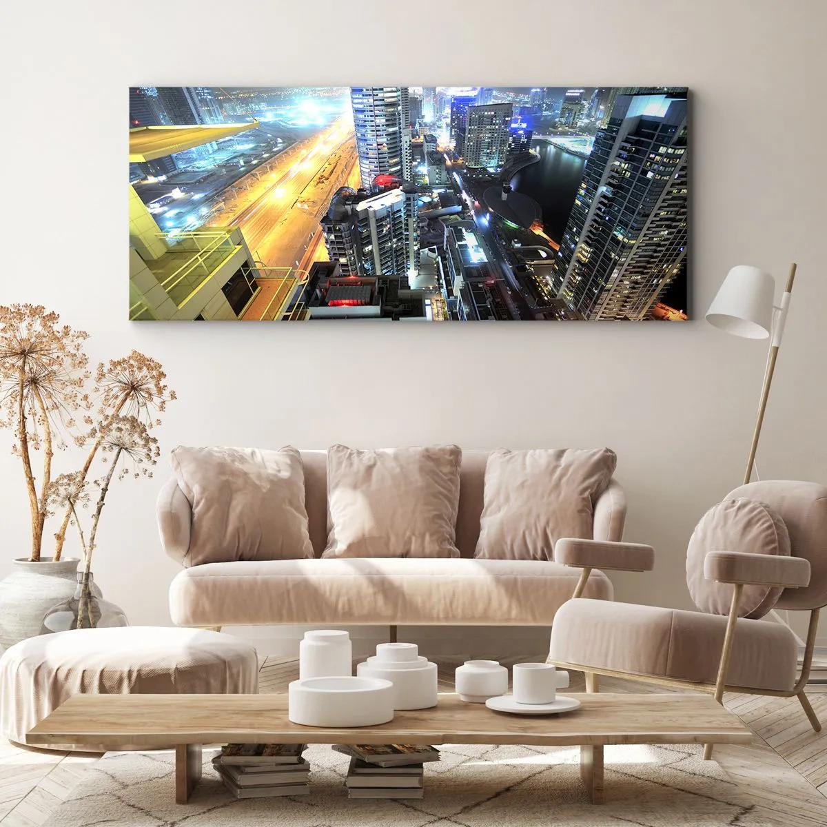 Impression sur toile - Image sur toile - Panorama de la ville nocturne avec des gratte-ciel illuminés - 160x50cm - Un miracle dans le désert - Décoration murale moderne pour le salon et la chambre ARTTOR