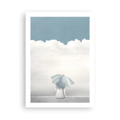 Affiche - Poster - Une silhouette avec un parapluie assise sur un rebord parmi les nuages - 50x70cm - Aux confins de la réalité et des rêves - Décoration murale moderne pour le salon et la chambre ARTTOR