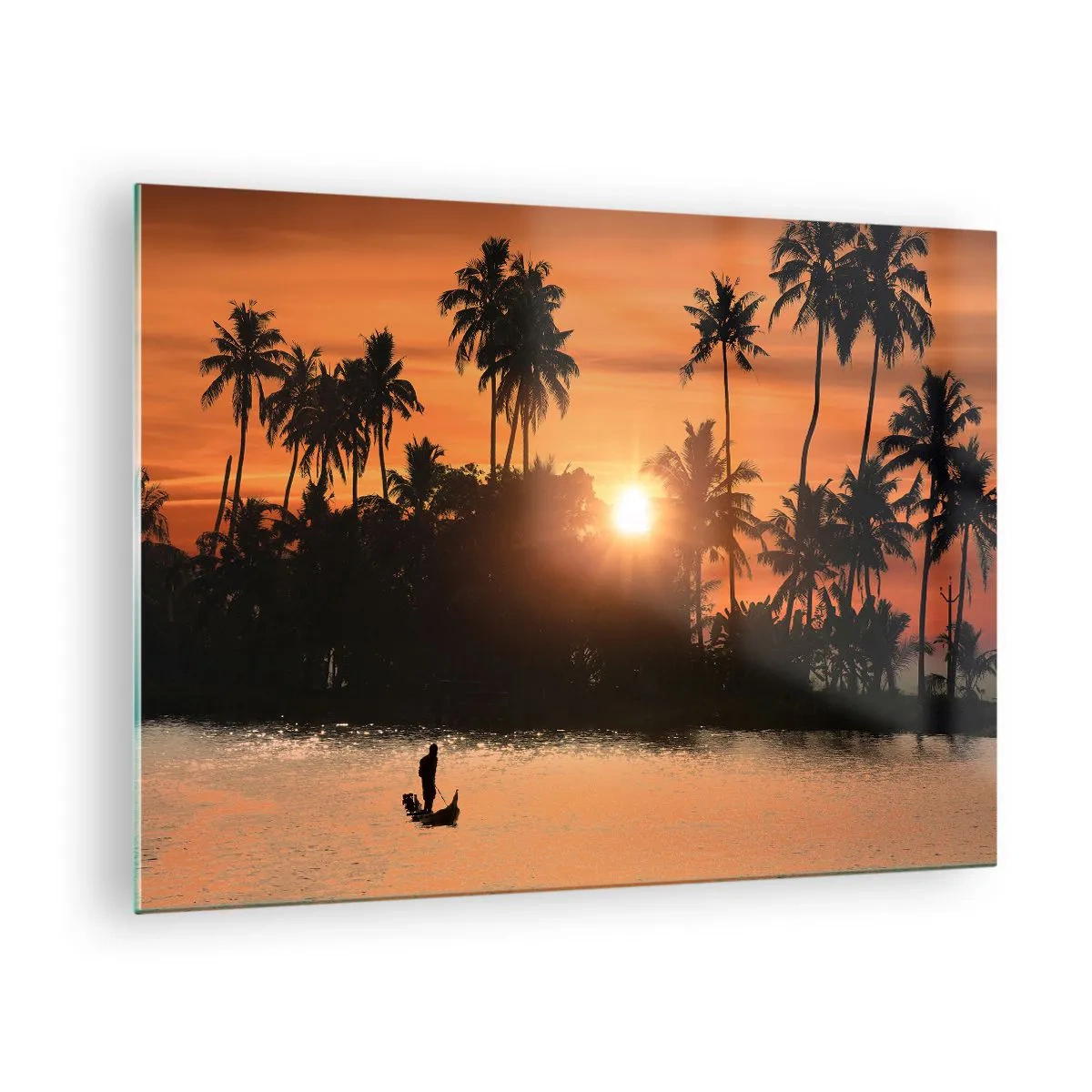 Impression sur verre - Image sur verre - Paysage tropical avec palmiers et coucher de soleil sur la rivière - 70x50cm - Il est temps de se détendre - Décoration murale moderne pour le salon et la chambre ARTTOR