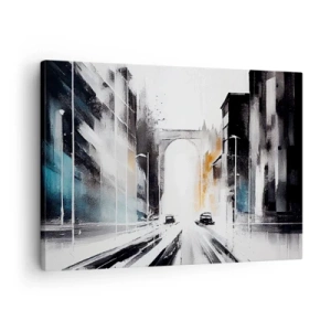 Impression sur toile - Image sur toile - Panorama abstrait de la ville avec un pont en arc - 70x50cm - Étude de ville : architecture et mouvement - Décoration murale moderne pour le salon et la chambre ARTTOR