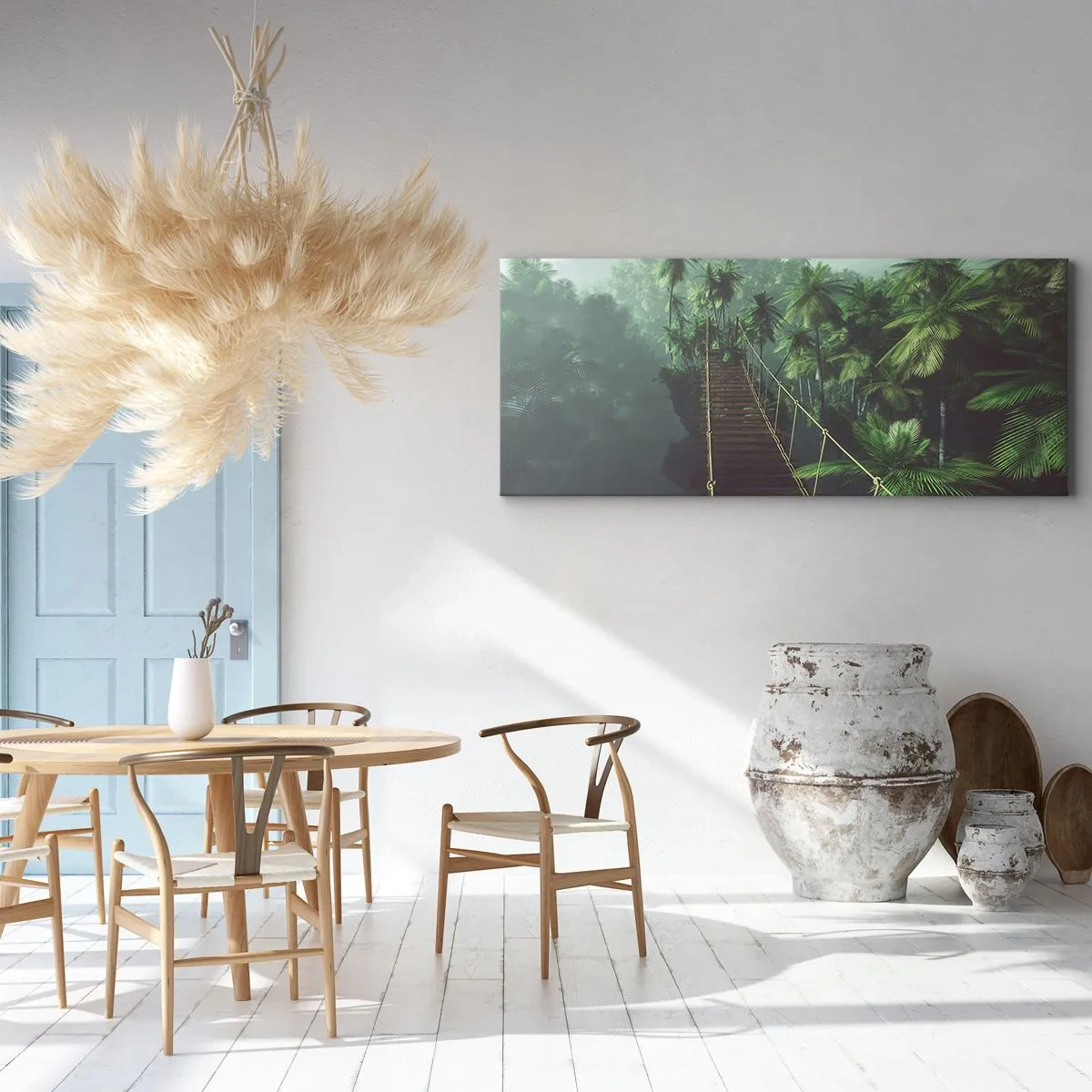 Impression sur toile - Image sur toile - Un pont suspendu dans une forêt tropicale entourée de brouillard. - 120x50cm - Au fil de la verdure - Décoration murale moderne pour le salon et la chambre ARTTOR