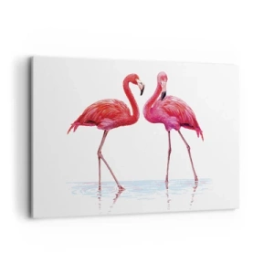 Impression sur toile - Image sur toile - Une paire de flamants roses dans l'eau sur un fond clair - 100x70cm - Rendez-vous rose - Décoration murale moderne pour le salon et la chambre ARTTOR