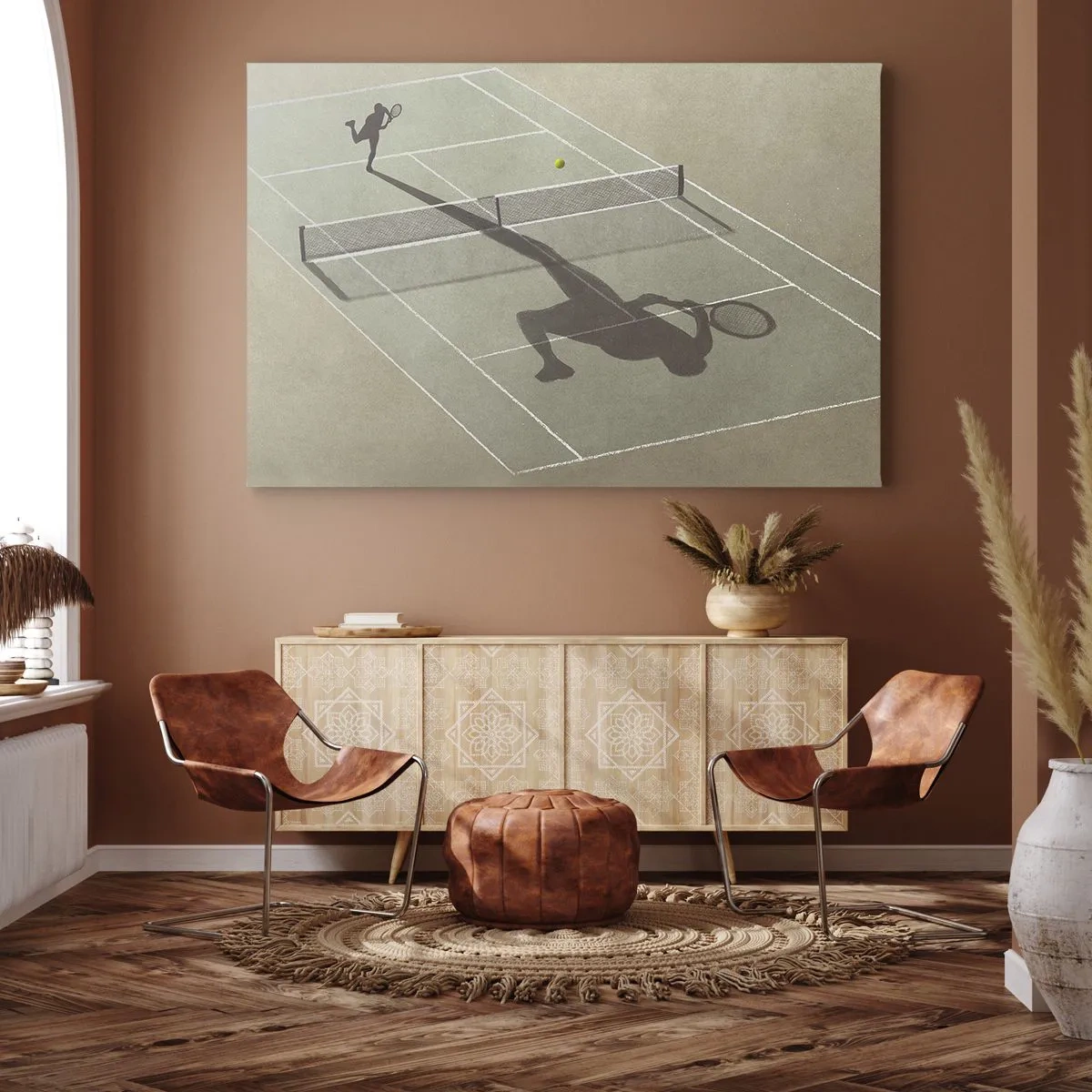 Impression sur toile - Image sur toile - L'ombre d'un joueur de tennis sur le court pendant un match de tennis - 120x80cm - Dépassement de soi - Décoration murale moderne pour le salon et la chambre ARTTOR