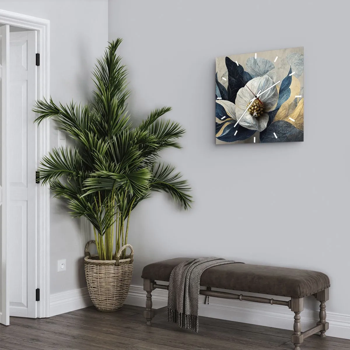 Horloge murale - Pendule murale - Une fleur aux feuilles bleues sur un fond élégant - 30x30cm - Il a un coeur d'or - Décoration murale moderne pour le salon et la chambre ARTTOR