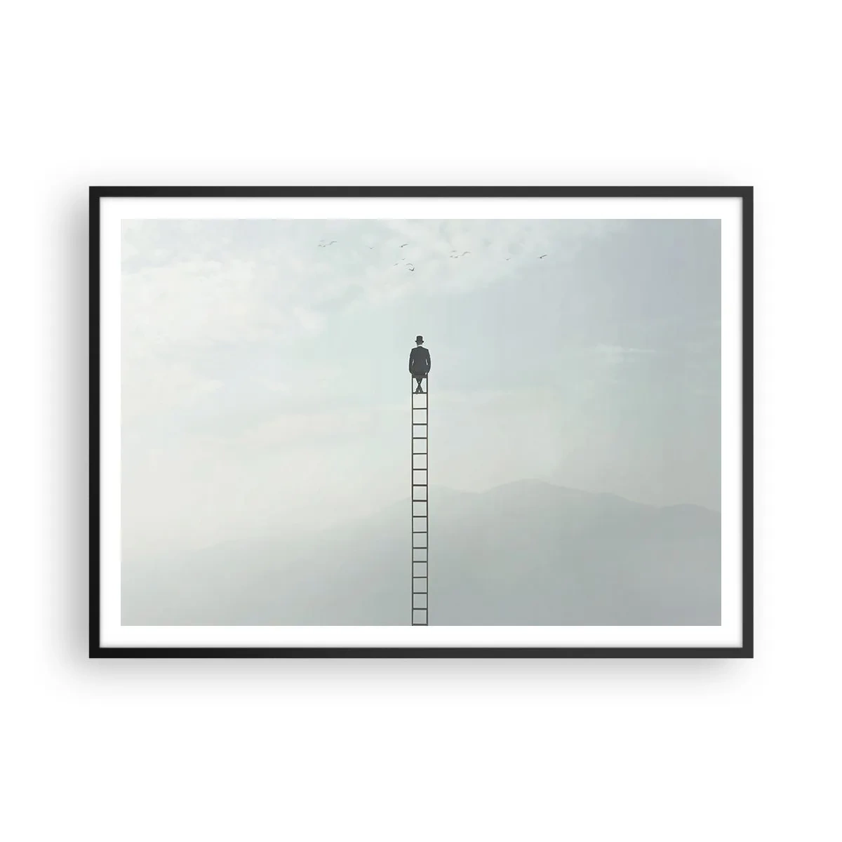 Affiche dans un cadre noir - Poster - Un homme sur une échelle s'élevant vers le ciel - 100x70cm - Se soulever au-dessus - Décoration murale moderne pour le salon et la chambre ARTTOR