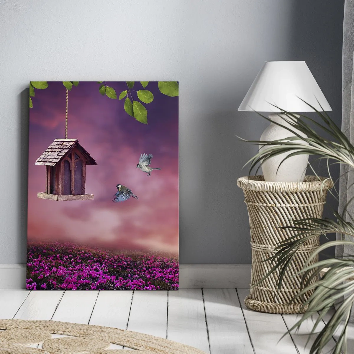 Impression sur toile - Image sur toile - Un paysage pittoresque avec un nichoir et un coucher de soleil - 80x120cm - Invitation à dîner - Décoration murale moderne pour le salon et la chambre ARTTOR