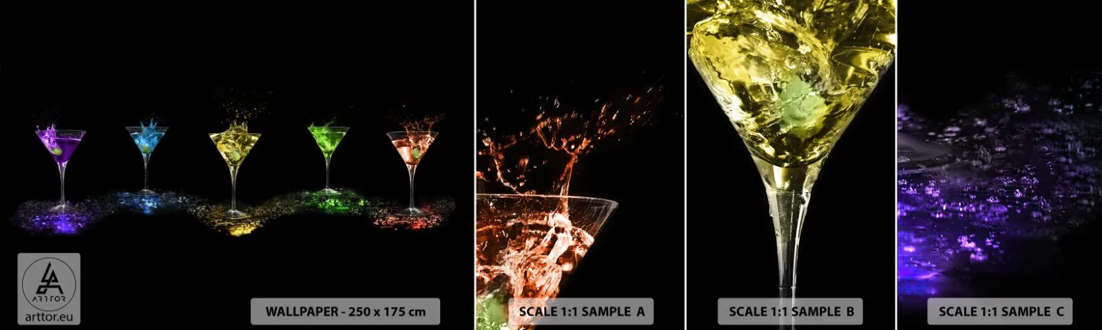 Échantillon de Papier Peint Autocollant Deluxe Sticker - Couleurs de joie en verre de cristal - La gastronomie, Cocktail, Boisson colorée - 100x30 cm