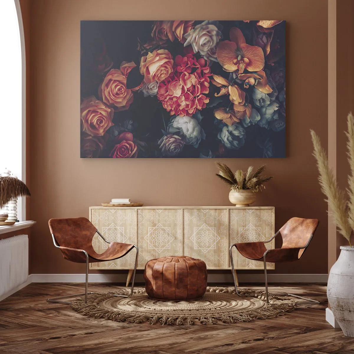Impression sur toile - Image sur toile - Un bouquet de fleurs variées aux tons sombres - 100x70cm - Comme chez les maîtres hollandais - Décoration murale moderne pour le salon et la chambre ARTTOR