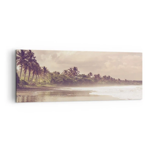 Impression sur toile - Image sur toile - Une plage avec des palmiers et des vagues douces le matin - 140x50cm - La caresse des vagues - Décoration murale moderne pour le salon et la chambre ARTTOR