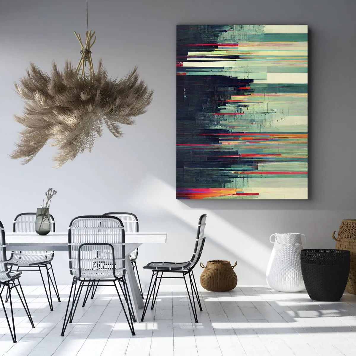 Impression sur toile - Image sur toile - Abstraction avec des lignes verticales et un horizon urbain - 50x70cm - Ville futuriste - Décoration murale moderne pour le salon et la chambre ARTTOR