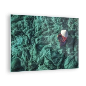 Impression sur verre - Image sur verre - Une femme portant un chapeau traditionnel réparant des filets - 70x50cm - Dans une mer de filet - Décoration murale moderne pour le salon et la chambre ARTTOR