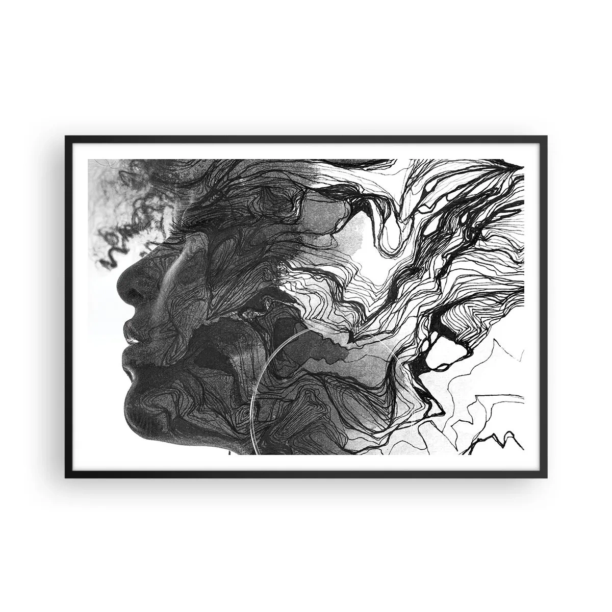Affiche dans un cadre noir - Poster - Visage abstrait en noir et blanc avec des lignes dynamiques. - 100x70cm - Emmêlé dans les rêves - Décoration murale moderne pour le salon et la chambre ARTTOR