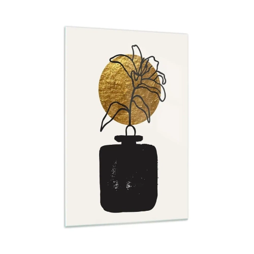 Impression sur verre - Image sur verre - Un dessin d'une fleur dans un vase sur un fond de cercle doré - 70x100cm - La beauté vaut son pesant d'or - Décoration murale moderne pour le salon et la chambre ARTTOR