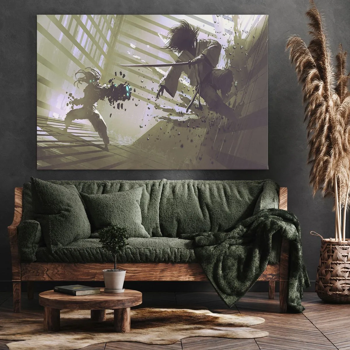 Impression sur toile - Image sur toile - Combat dynamique entre deux personnages dans un style futuriste - 70x50cm - Et tu peux être un samouraï - Décoration murale moderne pour le salon et la chambre ARTTOR