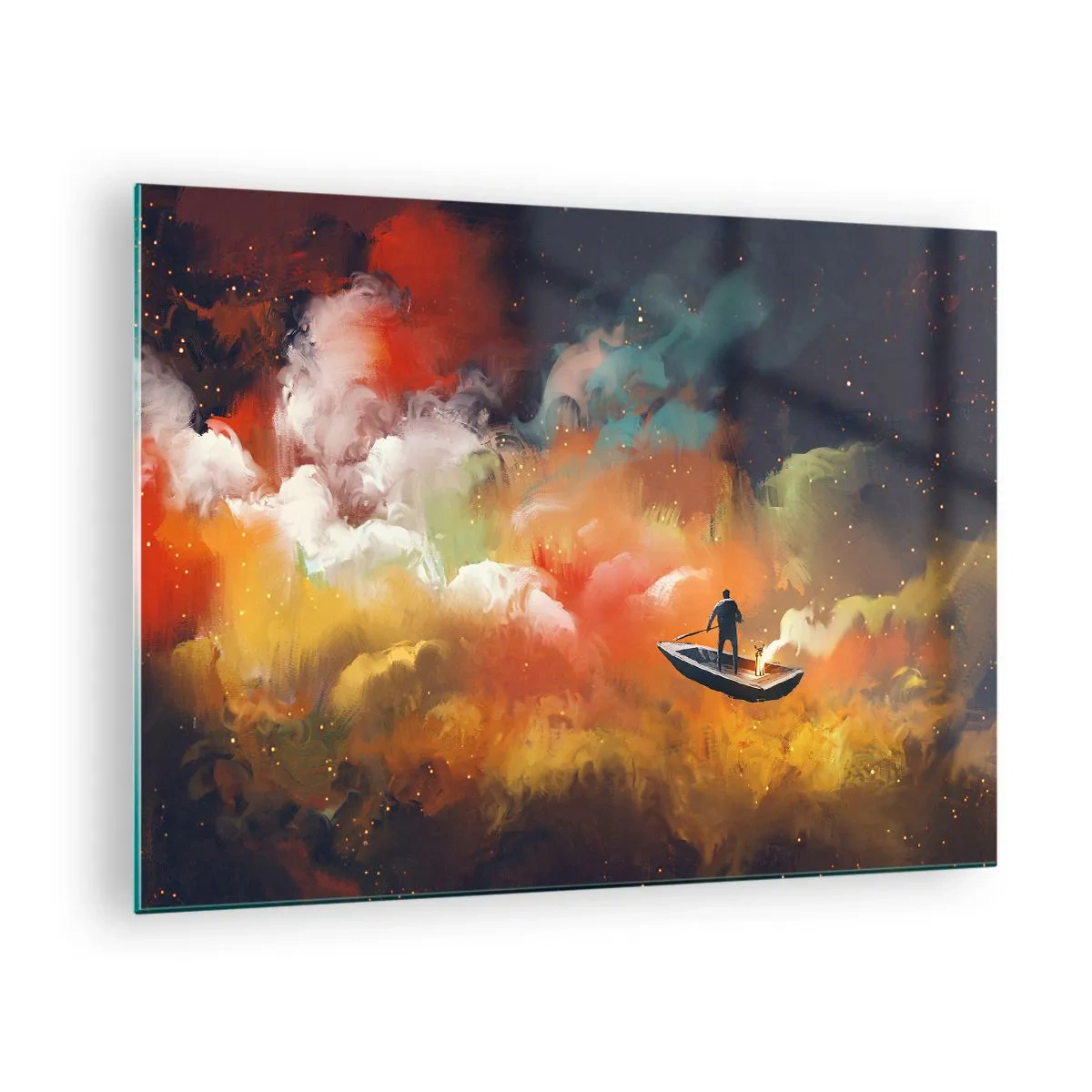 Impression sur verre - Image sur verre - Une silhouette sur un bateau flottant parmi des nuages galactiques colorés - 70x50cm - En bateau à travers la galaxie - Décoration murale moderne pour le salon et la chambre ARTTOR