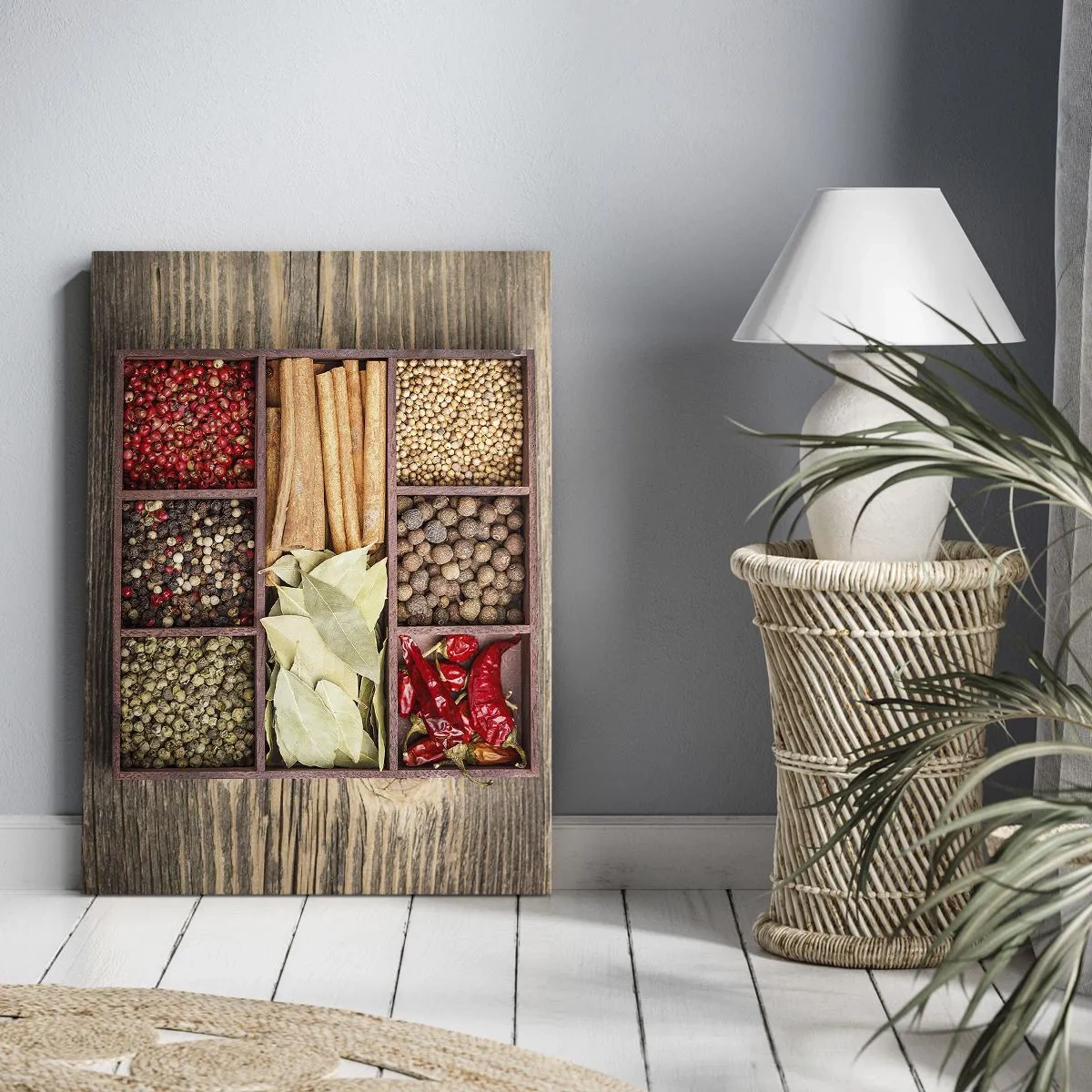 Impression sur toile - Image sur toile - Boîte en bois avec diverses épices dans des compartiments - 50x70cm - Ordre des formes, bouquet d'arômes - Décoration murale moderne pour le salon et la chambre ARTTOR