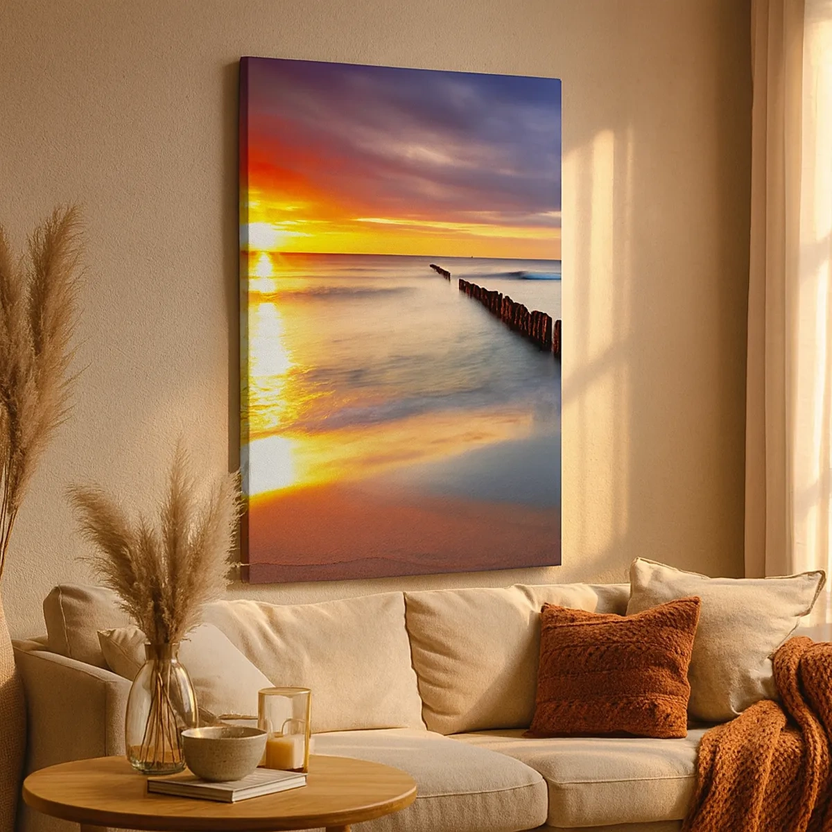 Impression sur toile - Image sur toile - Coucher de soleil sur la mer avec un brise-lames au premier plan - 50x70cm - Ecoute le silence - Décoration murale moderne pour le salon et la chambre ARTTOR