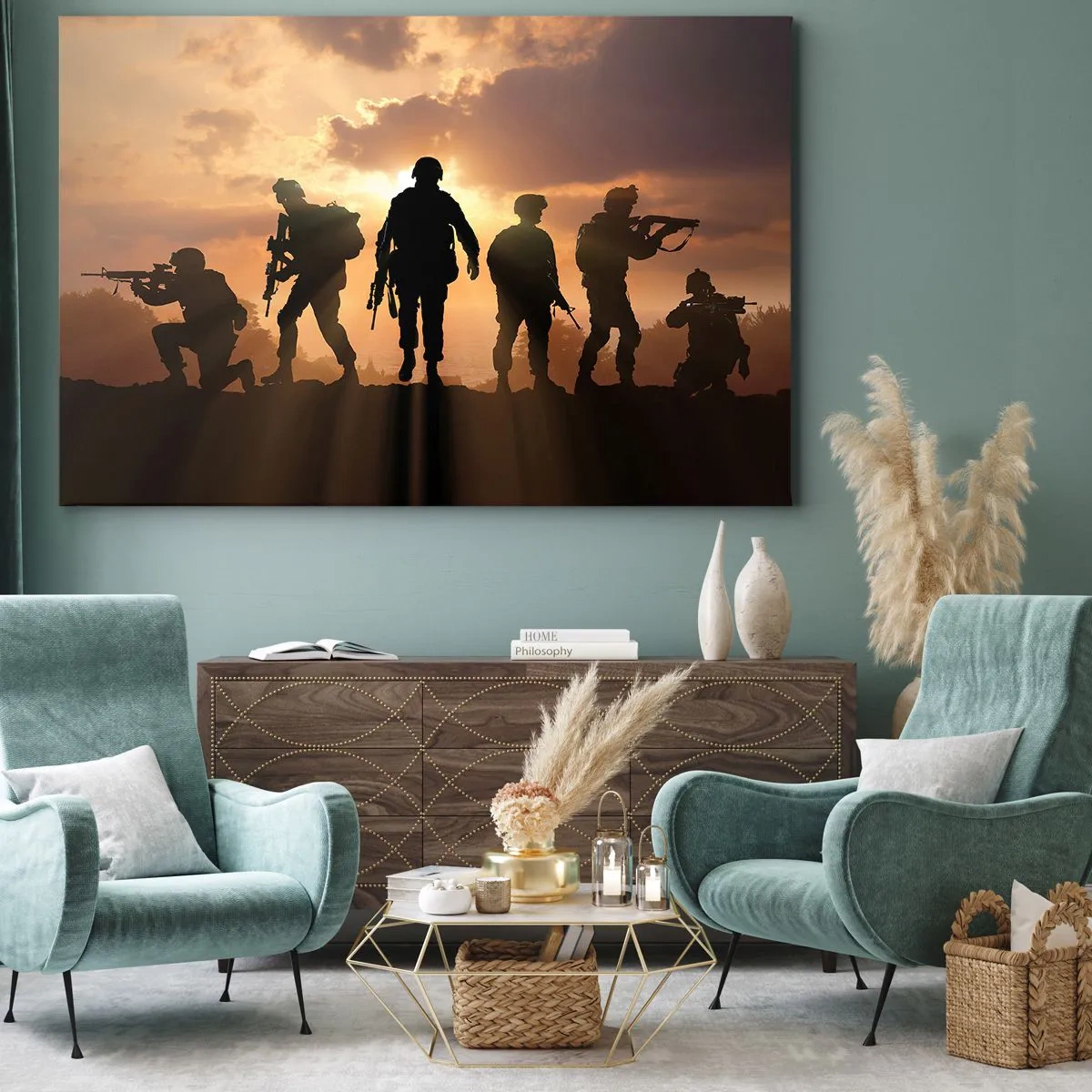 Impression sur toile - Image sur toile - Soldats sur fond de soleil couchant dans un décor dynamique - 100x70cm - Brothers in arms - Décoration murale moderne pour le salon et la chambre ARTTOR