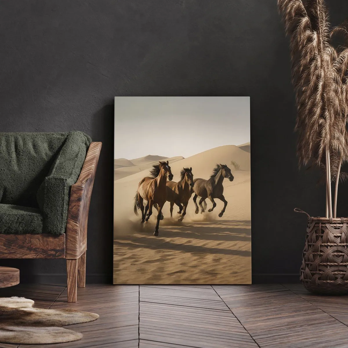 Impression sur toile - Image sur toile - Chevaux au galop sur fond de désert - 80x120cm - Libre comme le vent - Décoration murale moderne pour le salon et la chambre ARTTOR