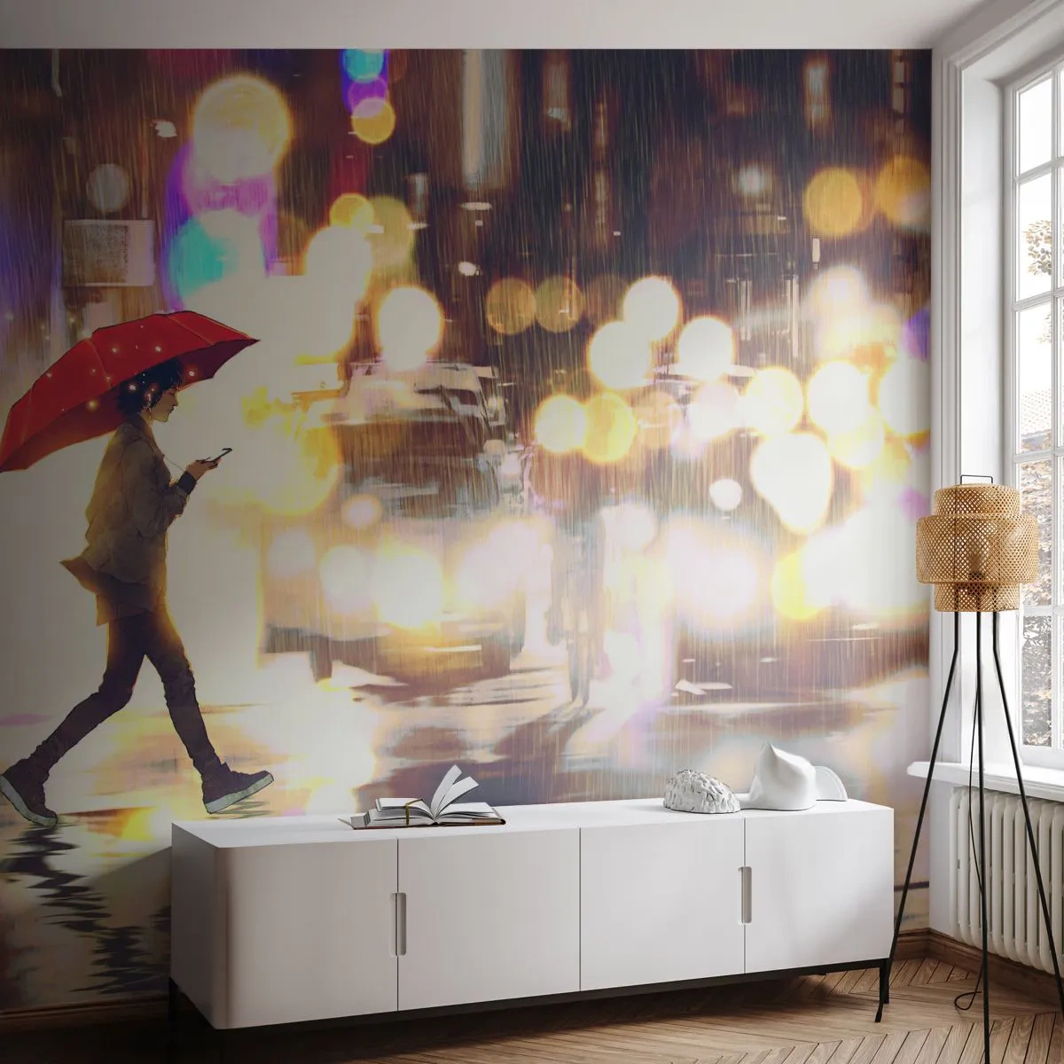 Papier Peint Photo Standard Eco - Et pourtant ensoleillé - Ville, Marcher sous la pluie, Parapluie - 400x280 cm