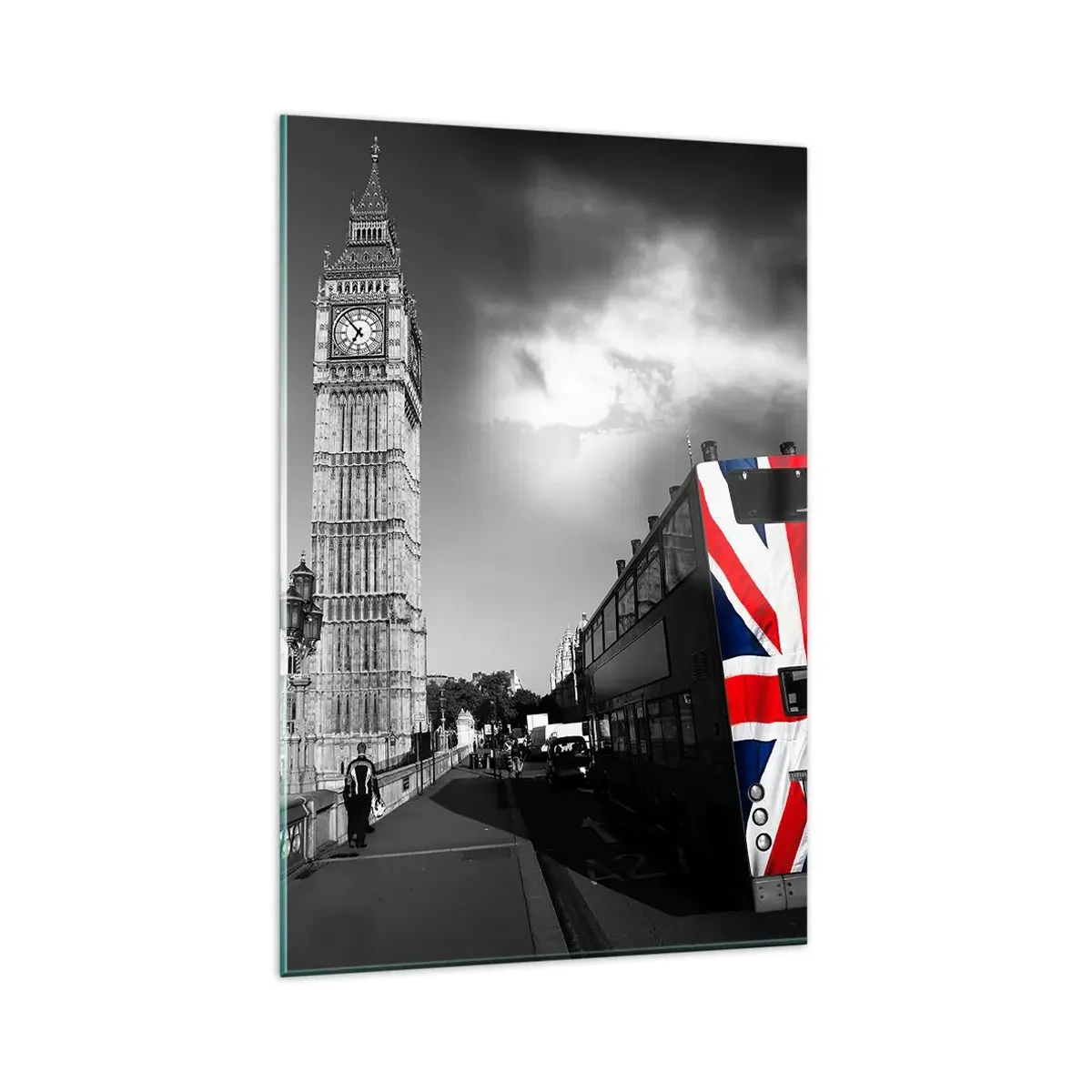 Impression sur verre - Image sur verre - Big Ben et un bus avec un drapeau britannique sur fond noir et blanc - 80x120cm - Fière et grande - Décoration murale moderne pour le salon et la chambre ARTTOR