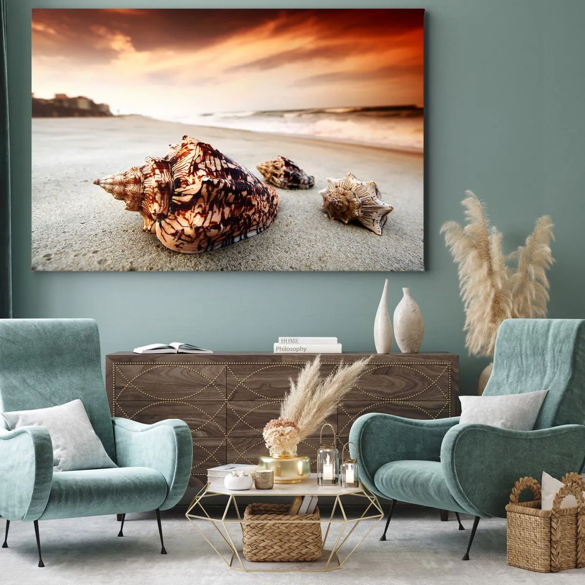 Impression sur toile - Image sur toile - Coquillages sur la plage au coucher du soleil - 70x50cm - Les parias des vagues - Décoration murale moderne pour le salon et la chambre ARTTOR