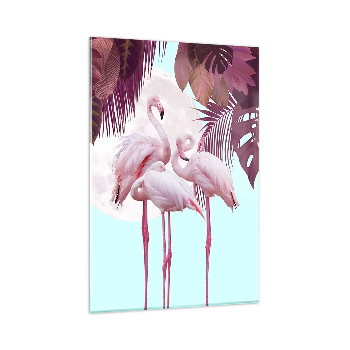 Impression sur verre - Image sur verre - Flamants roses sur fond de lune et de feuilles tropicales - 80x120cm - Trois oiseaux gracieux - Décoration murale moderne pour le salon et la chambre ARTTOR
