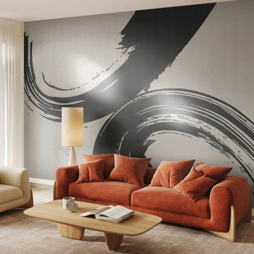 Papier Peint Photo Premium Sand - Coups de pinceau noirs et amples sur fond beige - 100x70cm - Balayage circulaire - Décoration murale moderne pour le salon et la chambre ARTTOR