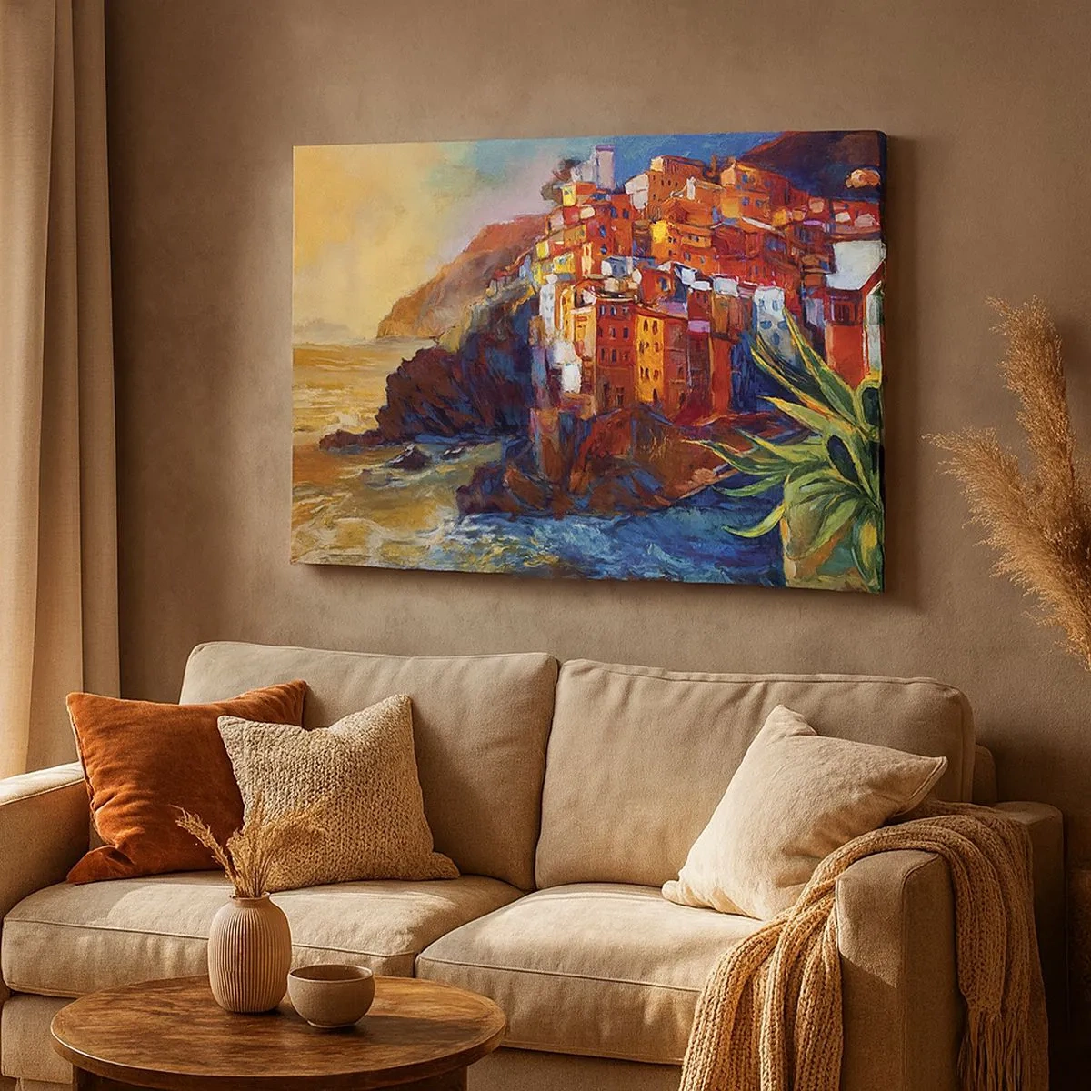 Impression sur toile - Image sur toile - Maisons colorées sur une falaise au-dessus de la mer - 70x50cm - Climats italien - Décoration murale moderne pour le salon et la chambre ARTTOR