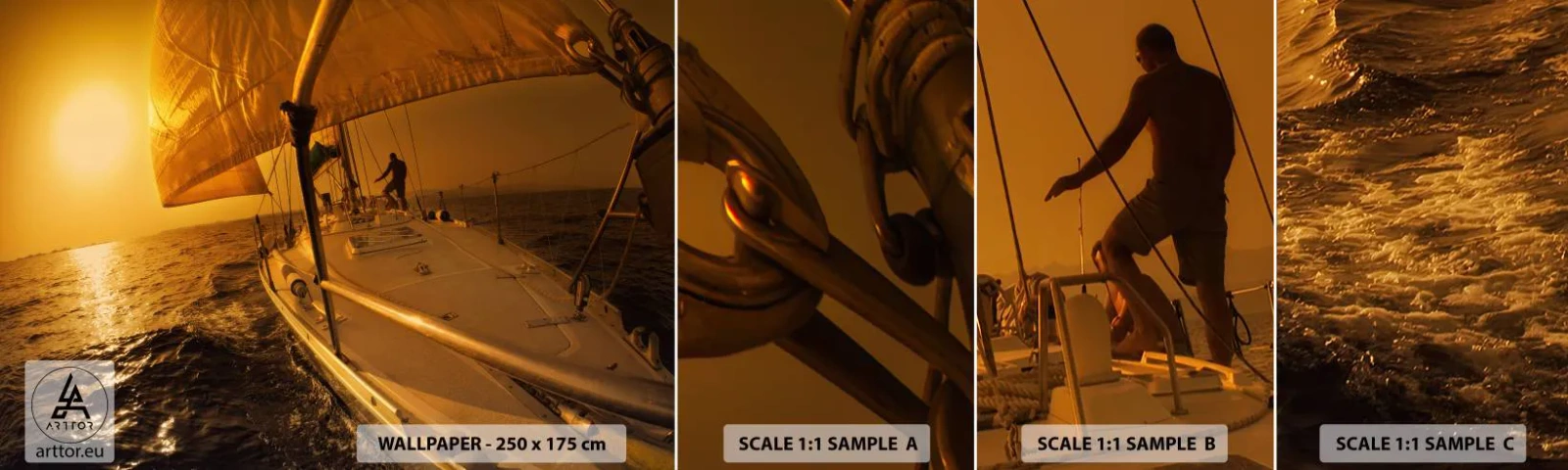 Échantillon de Papier Peint Autocollant Deluxe Sticker - Une soirée en por après une journée haute en couleurs - Études maritimes, Voilier, Voyages - 100x30 cm