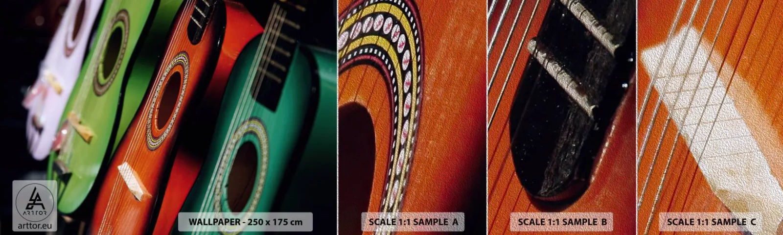 Échantillon de Papier Peint Premium Sand - La guitare a plusieurs couleurs - Musique, Guitare, Un instrument de musique - 100x30 cm