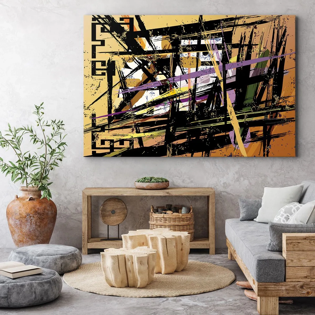Impression sur toile - Image sur toile - Lignes et formes abstraites sur fond beige - 70x50cm - Une coupe nette - Décoration murale moderne pour le salon et la chambre ARTTOR