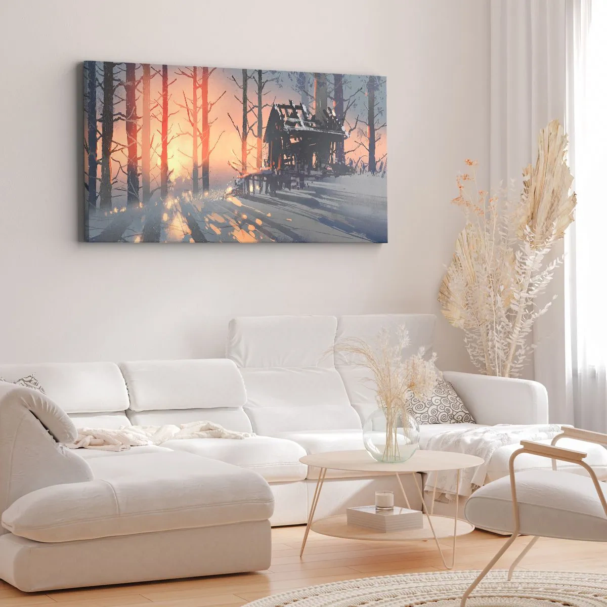 Impression sur toile - Image sur toile - Un chalet forestier dans un paysage hivernal avec les rayons du soleil couchant - 120x50cm - Seul le soleil regarde ici - Décoration murale moderne pour le salon et la chambre ARTTOR
