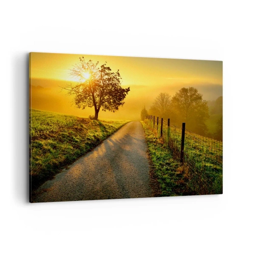 Impression sur toile - Image sur toile - Une route pittoresque au coucher du soleil avec un arbre solitaire en arrière-plan - 120x80cm - Après-midi de miel - Décoration murale moderne pour le salon et la chambre ARTTOR