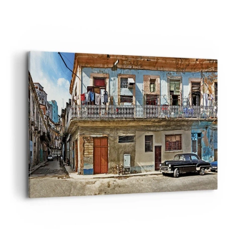 Impression sur toile - Image sur toile - Des immeubles colorés et une voiture classique dans le paysage urbain - 100x70cm - Climat hawaïen - Décoration murale moderne pour le salon et la chambre ARTTOR