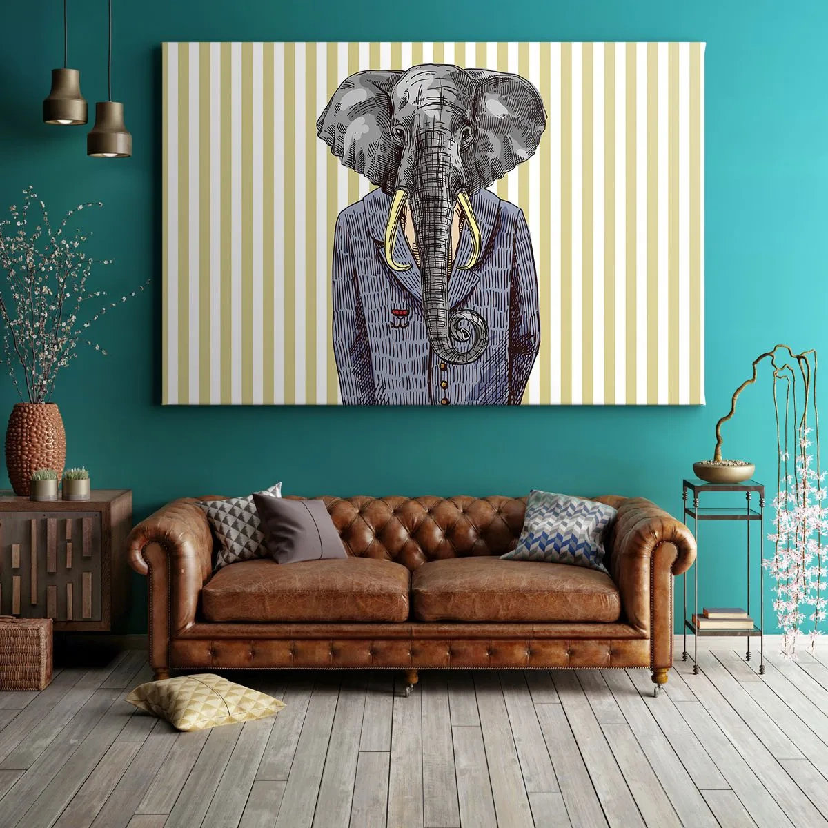 Impression sur toile - Image sur toile - Un éléphant en costume sur fond de rayures beiges - 70x50cm - Élégant par nature - Décoration murale moderne pour le salon et la chambre ARTTOR