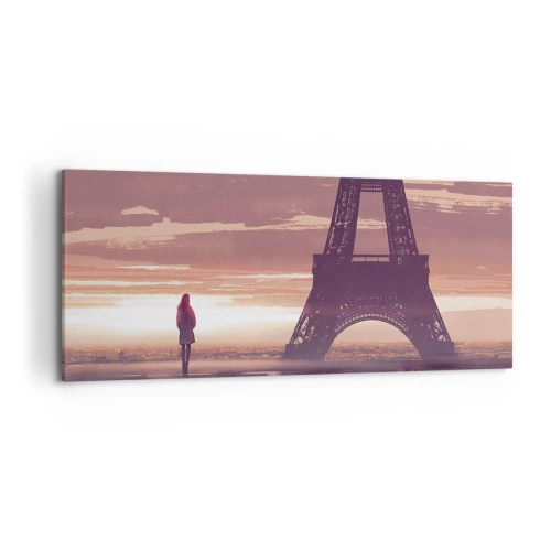 Impression sur toile - Image sur toile - Une silhouette regardant la Tour Eiffel à la lumière du soleil couchant - 120x50cm - Seulement deux d'entre eux - Décoration murale moderne pour le salon et la chambre ARTTOR
