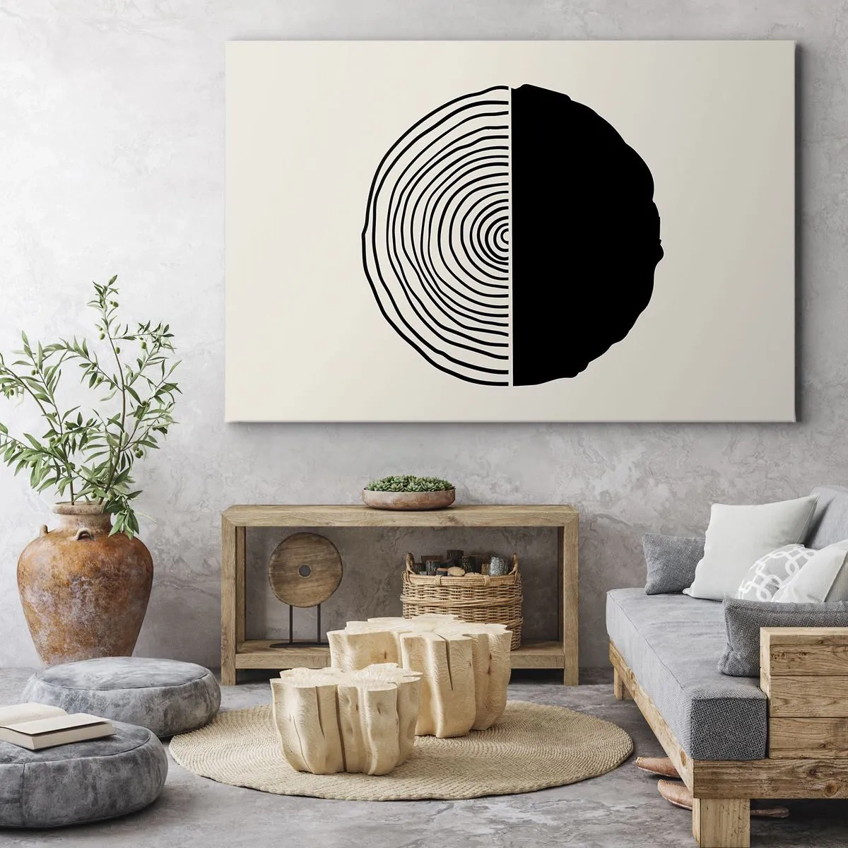 Impression sur toile - Image sur toile - Un motif abstrait en noir et blanc inspiré d'une coupe transversale de bois avec une division géométrique. - 100x70cm - Moitié-moitié - Décoration murale moderne pour le salon et la chambre ARTTOR
