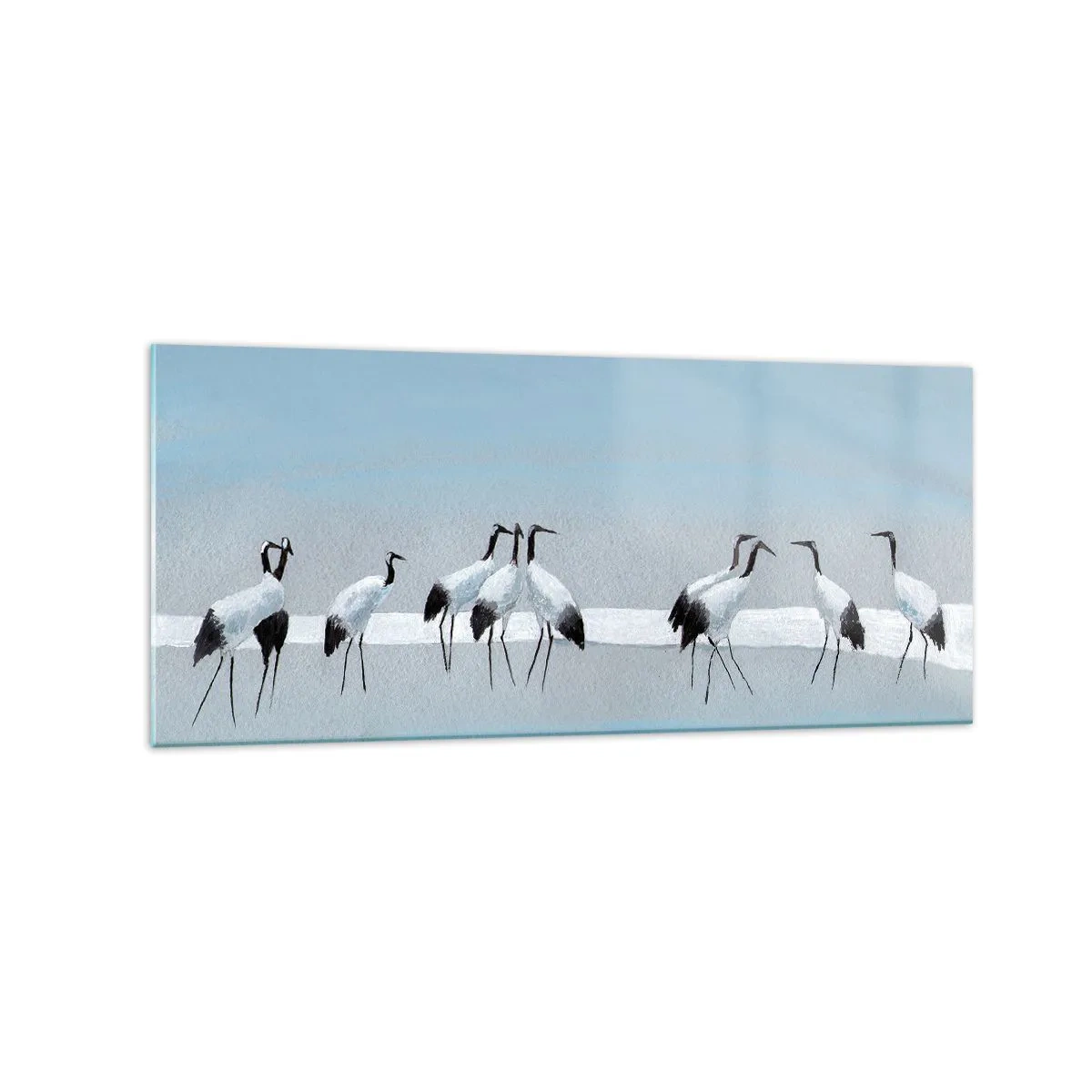 Impression sur verre - Image sur verre - Un groupe de grues contre un ciel bleu et le soleil levant - 120x50cm - Après une chaude journée - Décoration murale moderne pour le salon et la chambre ARTTOR