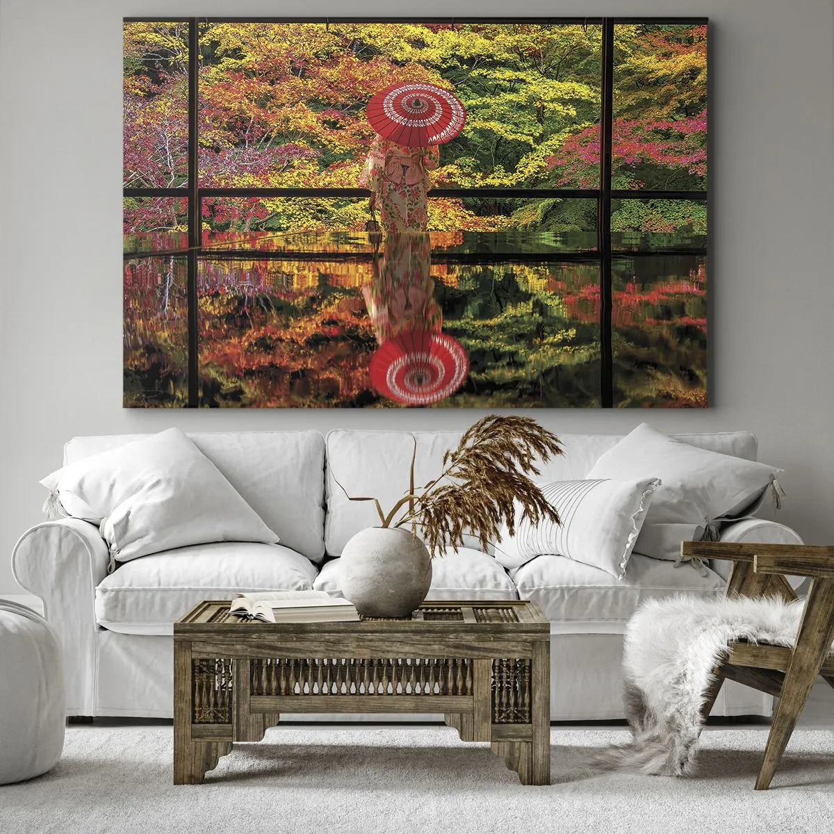 Impression sur toile - Image sur toile - Une femme en kimono avec un parapluie sur fond de paysage d'automne. - 70x50cm - Dans le temple de la nature - Décoration murale moderne pour le salon et la chambre ARTTOR