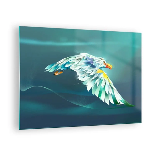 Impression sur verre - Image sur verre - Une image abstraite d'un aigle dans des tons de bleu et de blanc sur un fond de vagues. - 70x50cm - Aigle, puissance de tes vols - Décoration murale moderne pour le salon et la chambre ARTTOR