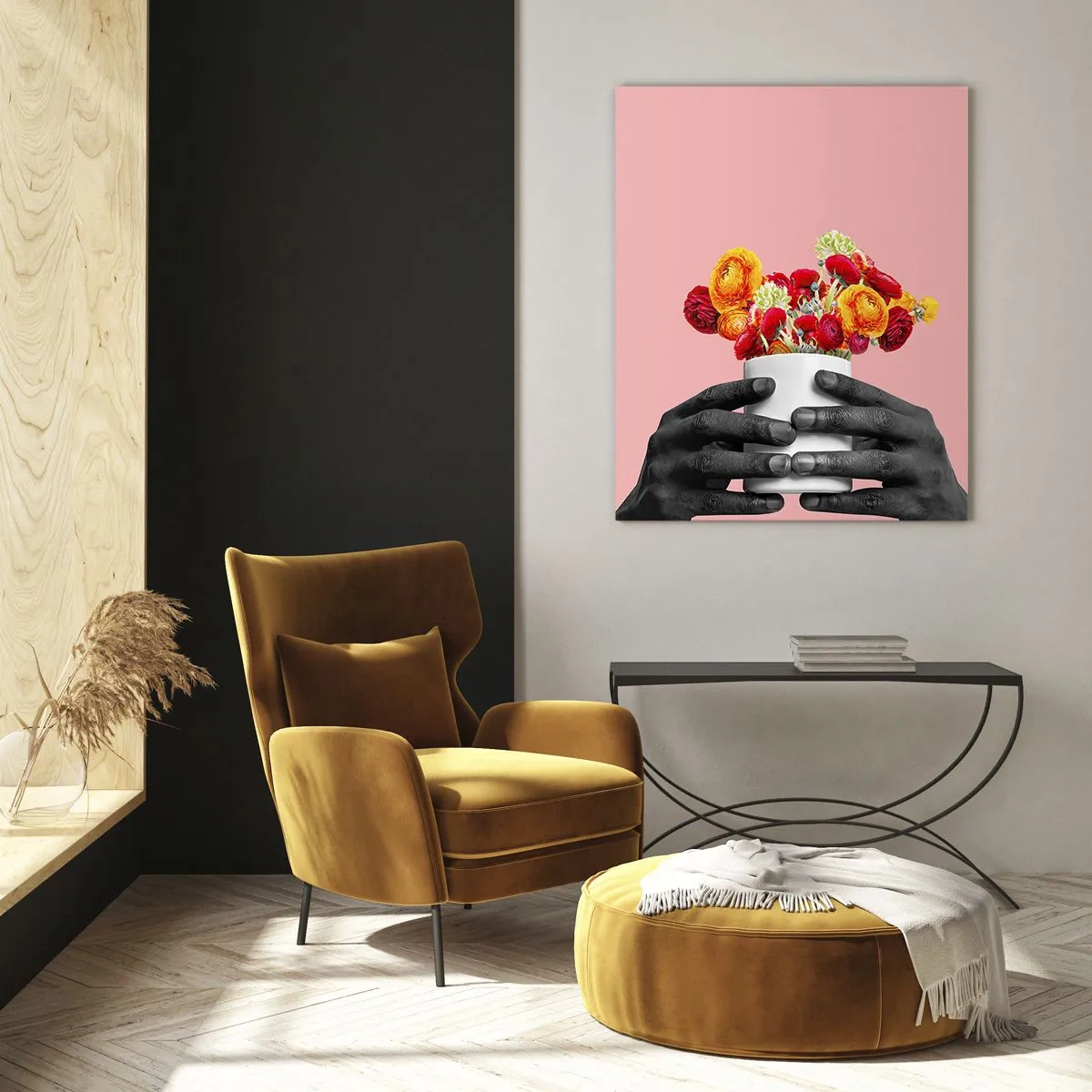 Impression sur verre - Image sur verre - Mains noires et blanches tenant un bouquet de fleurs colorées - 50x70cm - Apothéose de la vie - Décoration murale moderne pour le salon et la chambre ARTTOR